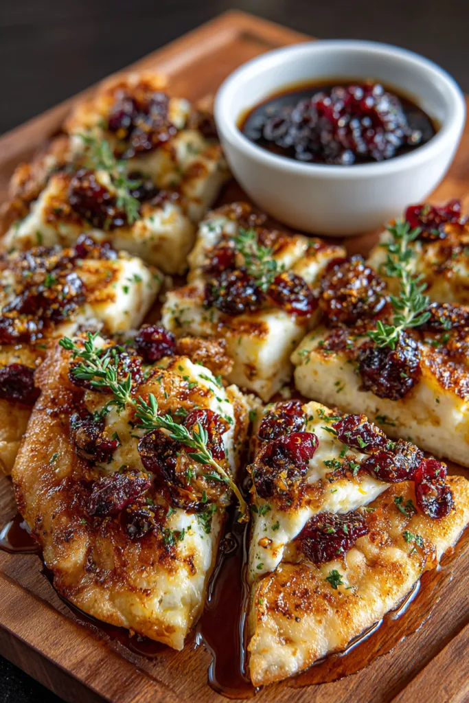 Golden Crispy Flatbread with Brie, Cranberries & Toasted Walnuts with a Hot Honey Drizzle