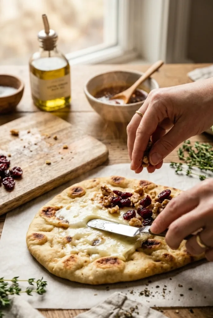 Golden Crispy Flatbread with Brie, Cranberries & Toasted Walnuts with a Hot Honey Drizzle | Irresistible 5-Step Ultimate Brunch Favorite 7 Golden Crispy Flatbread with Brie, Cranberries & Toasted Walnuts with a Hot Honey Drizzle