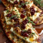Golden Crispy Flatbread with Brie, Cranberries & Toasted Walnuts with a Hot Honey Drizzle