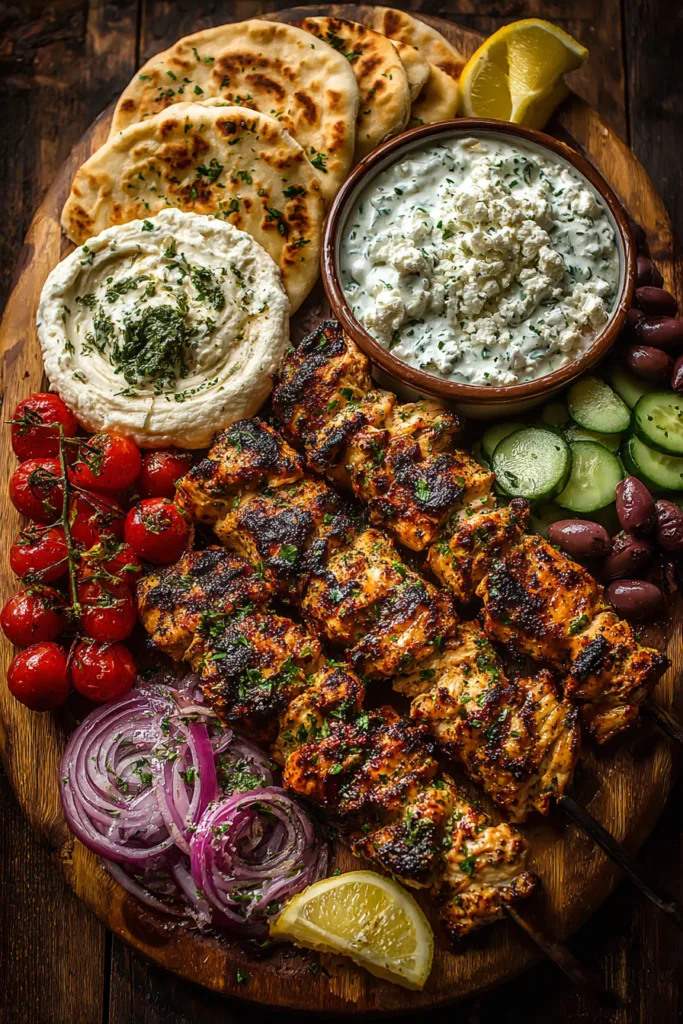 Greek Grilled Chicken Souvlaki Mezze Board with Lemon Feta Sauce