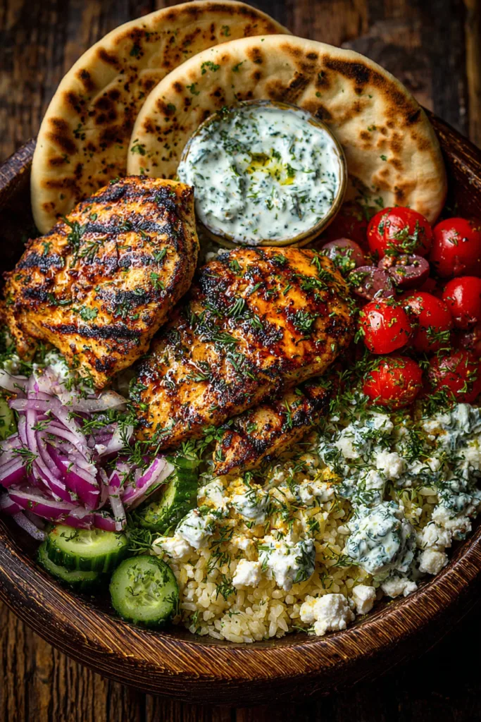 Mediterranean Chicken Pita Bowl with Herb Feta Sauce