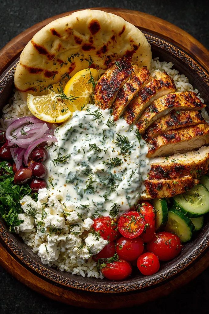 Mediterranean Chicken Pita Bowl with Herb Feta Sauce (Healthy & Easy Bowl Recipe) 8 Mediterranean Chicken Pita Bowl with Herb Feta Sauce