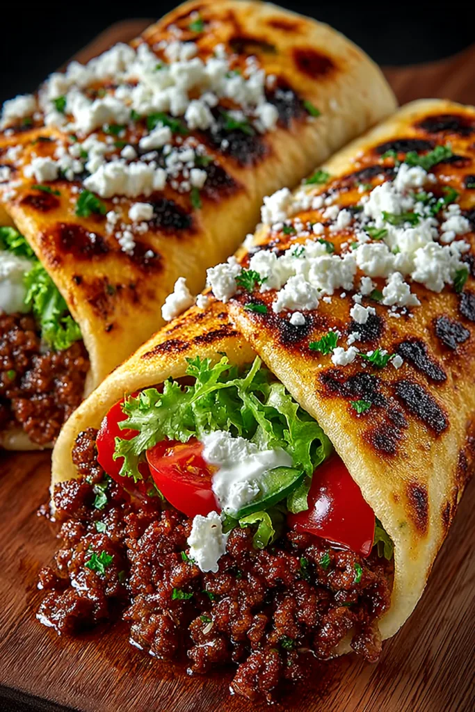 Mediterranean Ground Beef Wrap with Chili Honey Feta Cream