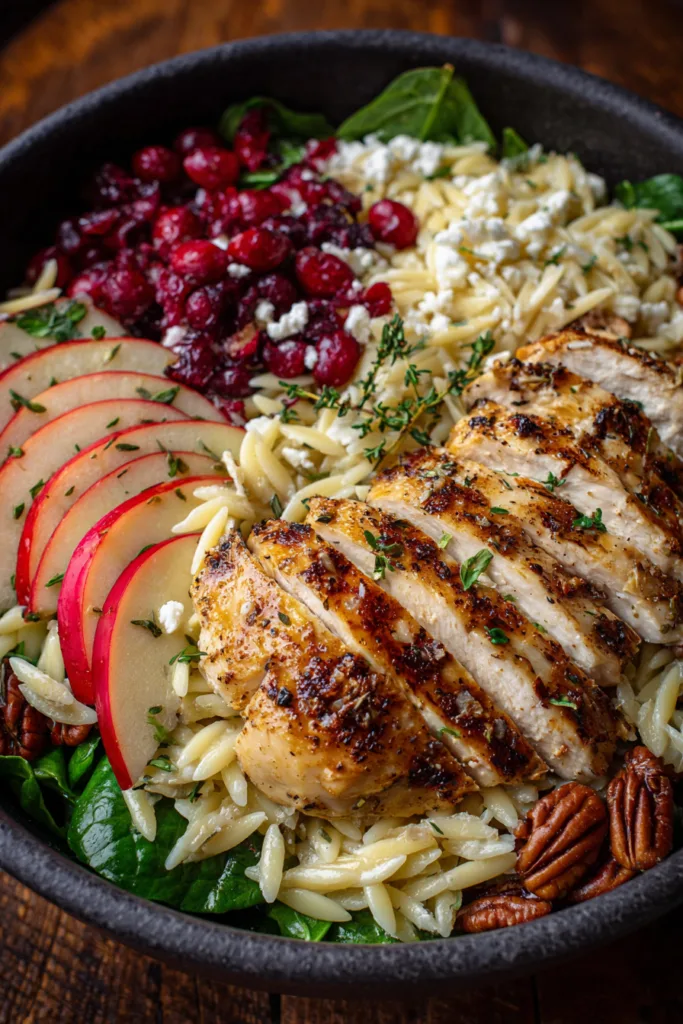Cranberry Apple Chicken Orzo in Dijon Honey Vinaigrette