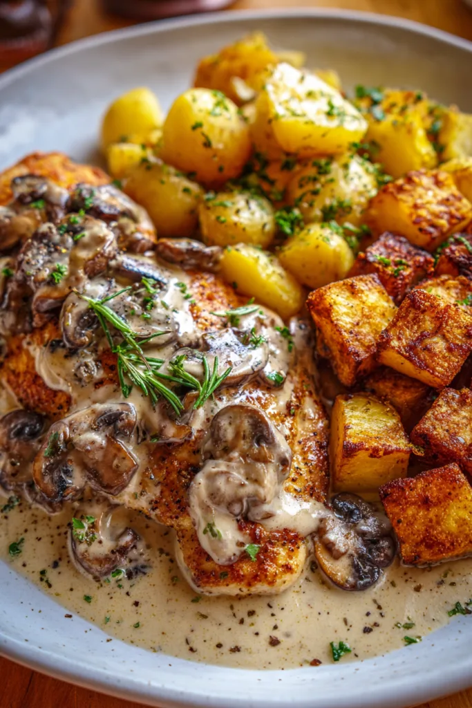 Creamy Mushroom Chicken with Crispy Herb Potatoes