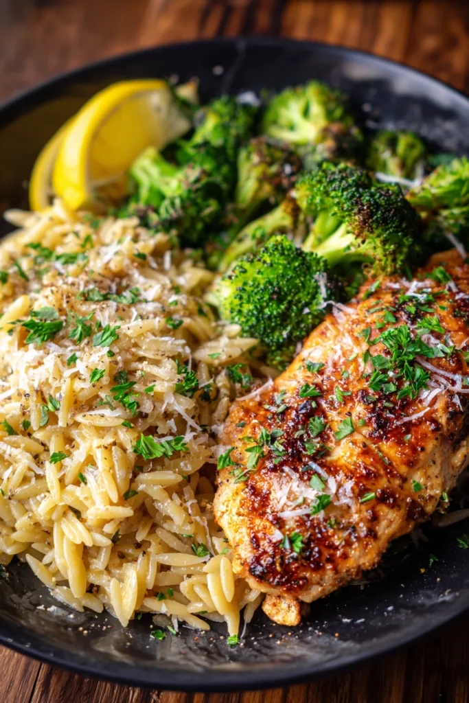 Garlic Parmesan Chicken Orzo with Roasted Broccoli