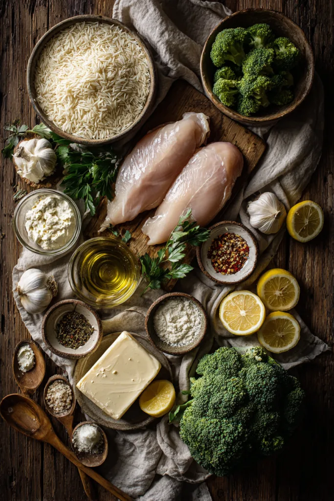 Garlic Parmesan Chicken Orzo with Roasted Broccoli