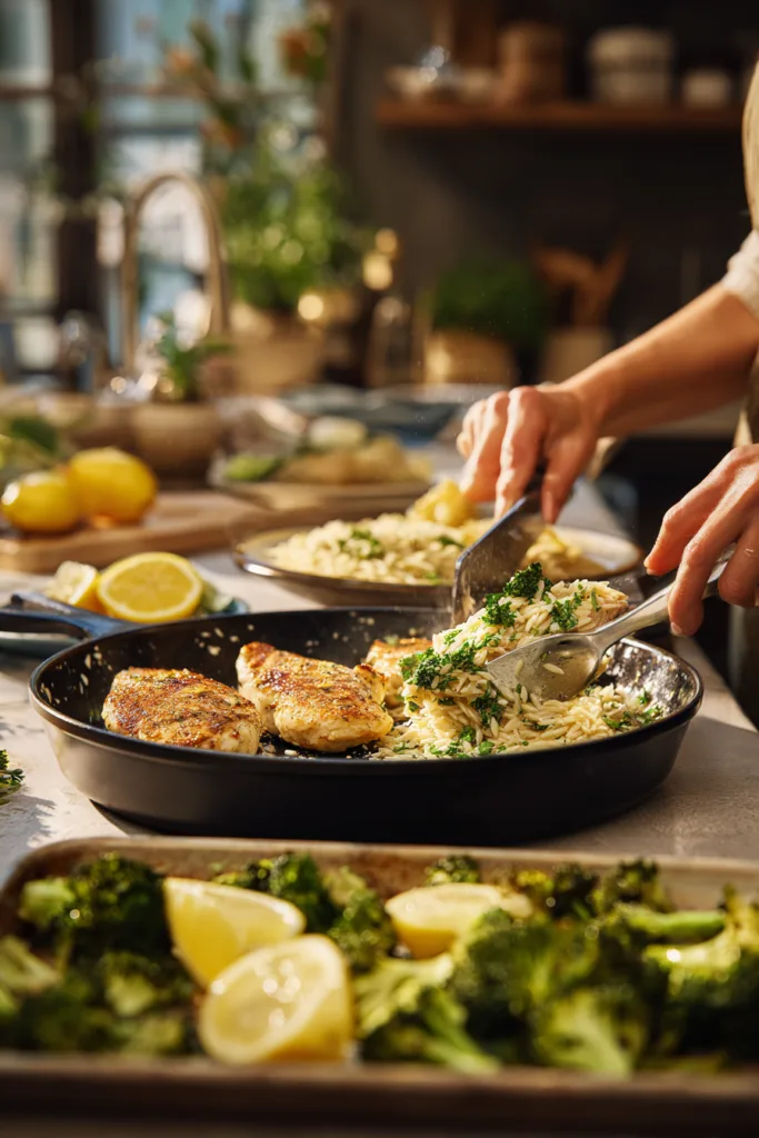 Garlic Parmesan Chicken Orzo with Roasted Broccoli