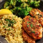 Garlic Parmesan Chicken Orzo with Roasted Broccoli