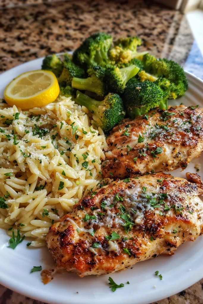 Garlic Parmesan Chicken Orzo with Roasted Broccoli
