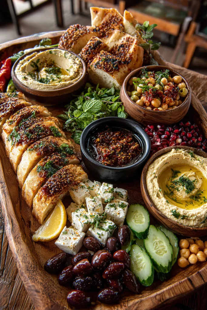 Loaded Rustic Mediterranean Bread and Hummus Board with Marinated Olives