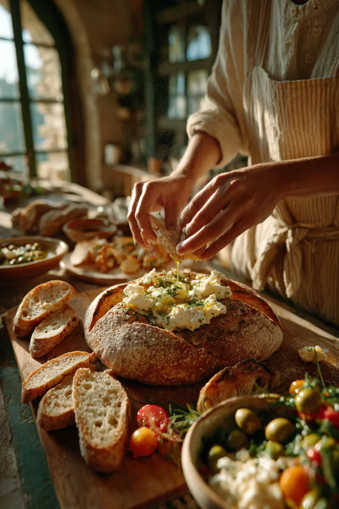 Loaded Rustic Mediterranean Bread and Hummus Board with Marinated Olives