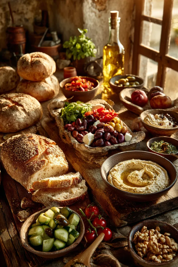 Loaded Rustic Mediterranean Bread and Hummus Board with Marinated Olives