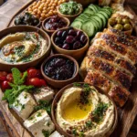 Loaded Rustic Mediterranean Bread and Hummus Board with Marinated Olives