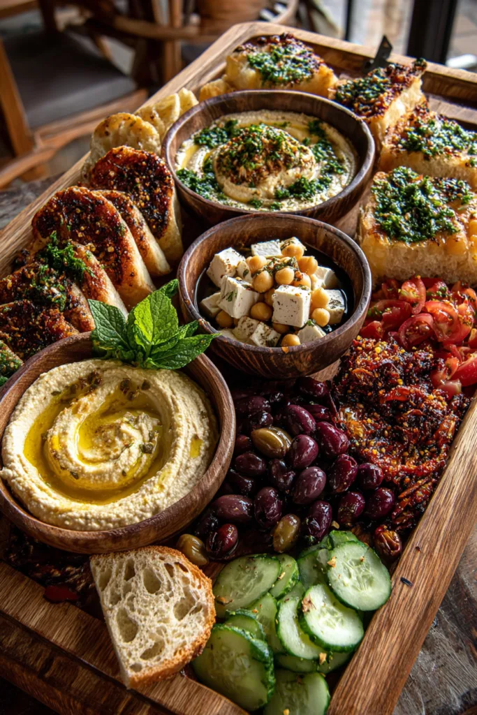 Loaded Rustic Mediterranean Bread and Hummus Board with Marinated Olives