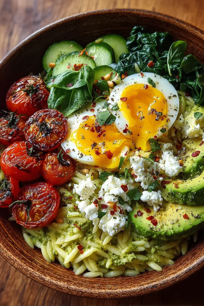 Avocado Pesto Orzo Breakfast Bowl with Feta