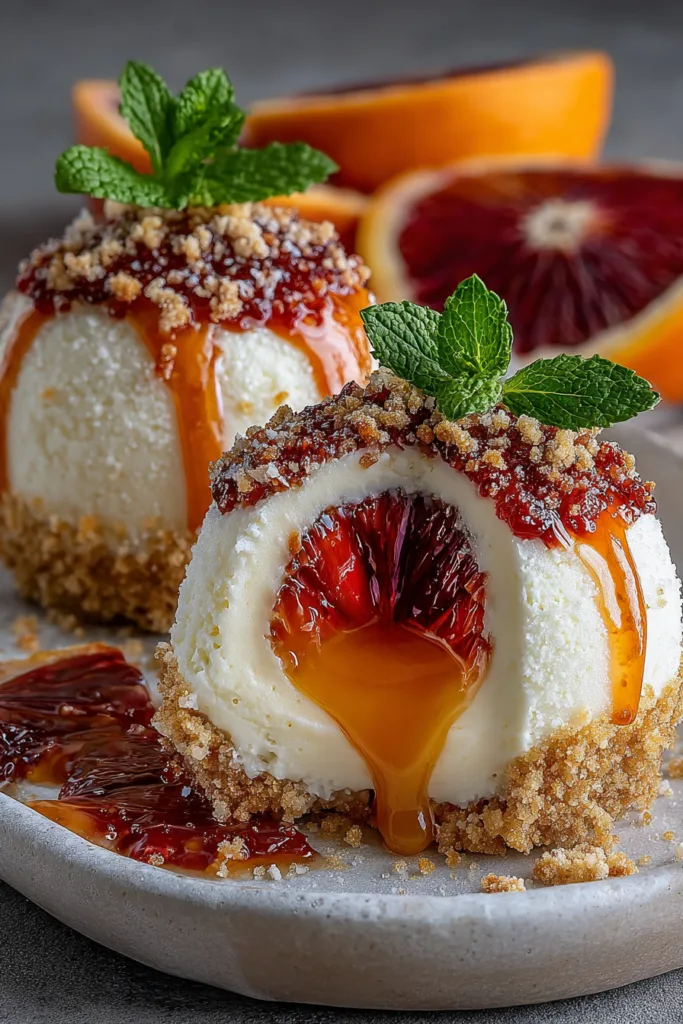 Blood Orange Cheesecake Bombs with Citrus Caramel Lava Center 8 Blood Orange Cheesecake Bombs with Citrus Caramel Lava Center