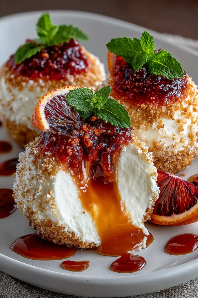 Blood Orange Cheesecake Bombs with Citrus Caramel Lava Center