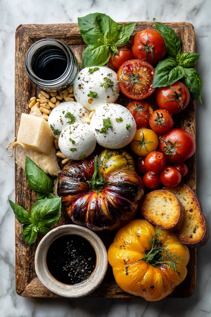 Caprese Grazing Board with Burrata, Heirloom Tomatoes & Basil Pesto Drizzle