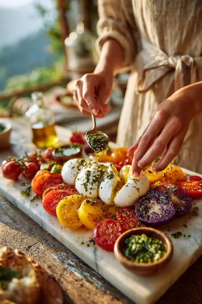 Caprese Grazing Board with Burrata, Heirloom Tomatoes & Basil Pesto Drizzle