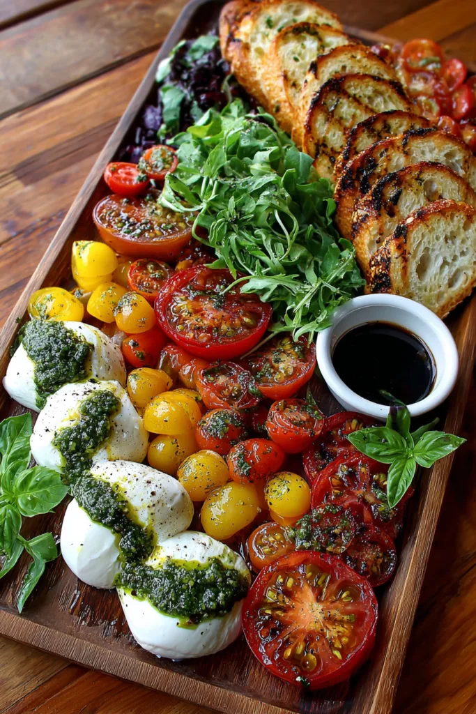Caprese Grazing Board with Burrata, Heirloom Tomatoes & Basil Pesto Drizzle