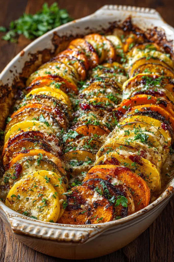 Layered Sweet Potato, Butternut Squash & Carrot Gratin with Cranberry-Honey Drizzle