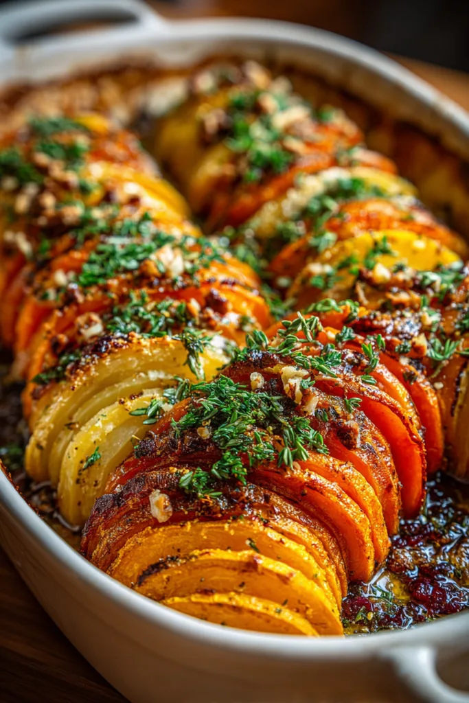Layered Sweet Potato, Butternut Squash & Carrot Gratin with Cranberry-Honey Drizzle