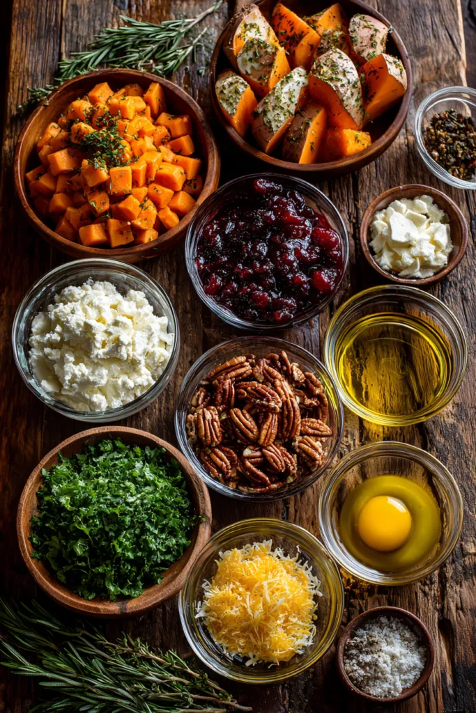 Layered Sweet Potato, Butternut Squash & Carrot Gratin with Cranberry-Honey Drizzle