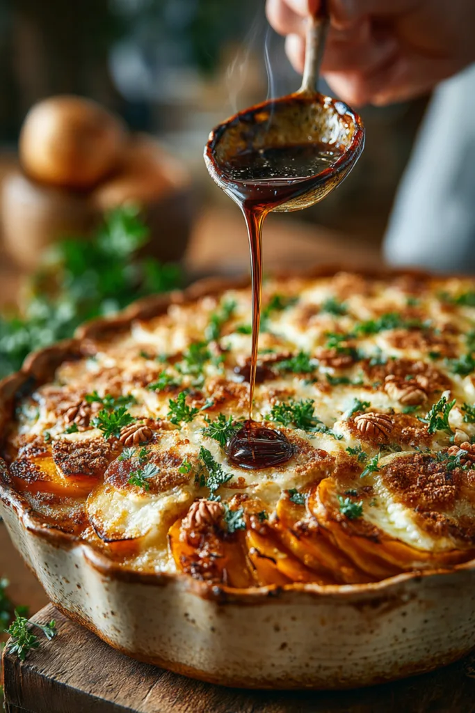 Layered Sweet Potato, Butternut Squash & Carrot Gratin with Cranberry-Honey Drizzle