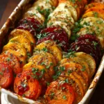 Layered Sweet Potato, Butternut Squash & Carrot Gratin with Cranberry-Honey Drizzle