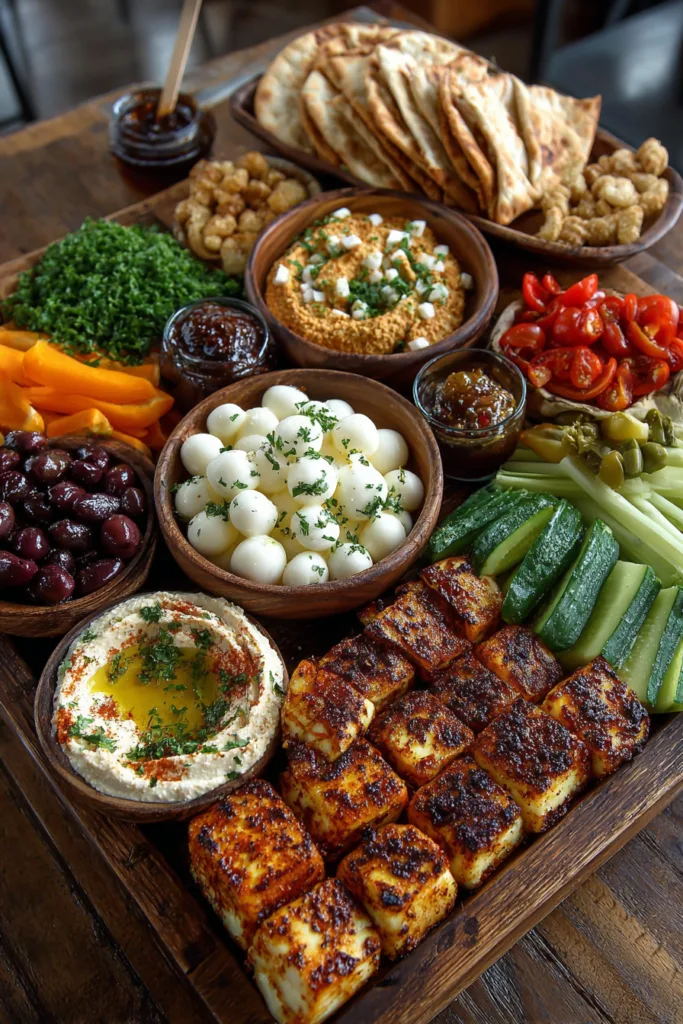 Mediterranean Tapas Cheese Table with Hummus & Pita Bread