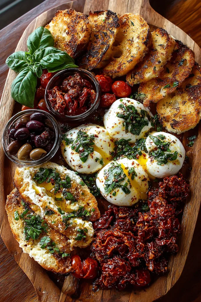 Roasted Garlic Burrata Board with Sundried Tomatoes, Basil Oil & Sourdough Crisps