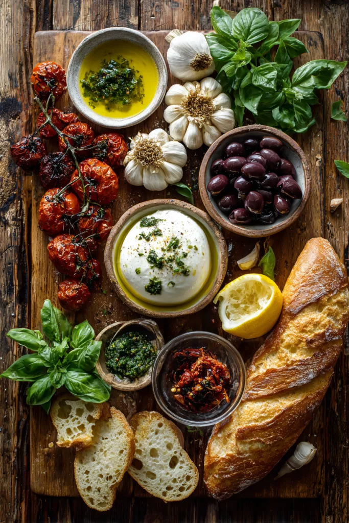 Roasted Garlic Burrata Board with Sundried Tomatoes, Basil Oil & Sourdough Crisps 6 Roasted Garlic Burrata Board with Sundried Tomatoes, Basil Oil & Sourdough Crisps