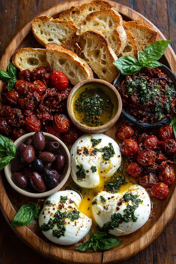 Roasted Garlic Burrata Board with Sundried Tomatoes, Basil Oil & Sourdough Crisps 8 Roasted Garlic Burrata Board with Sundried Tomatoes, Basil Oil & Sourdough Crisps