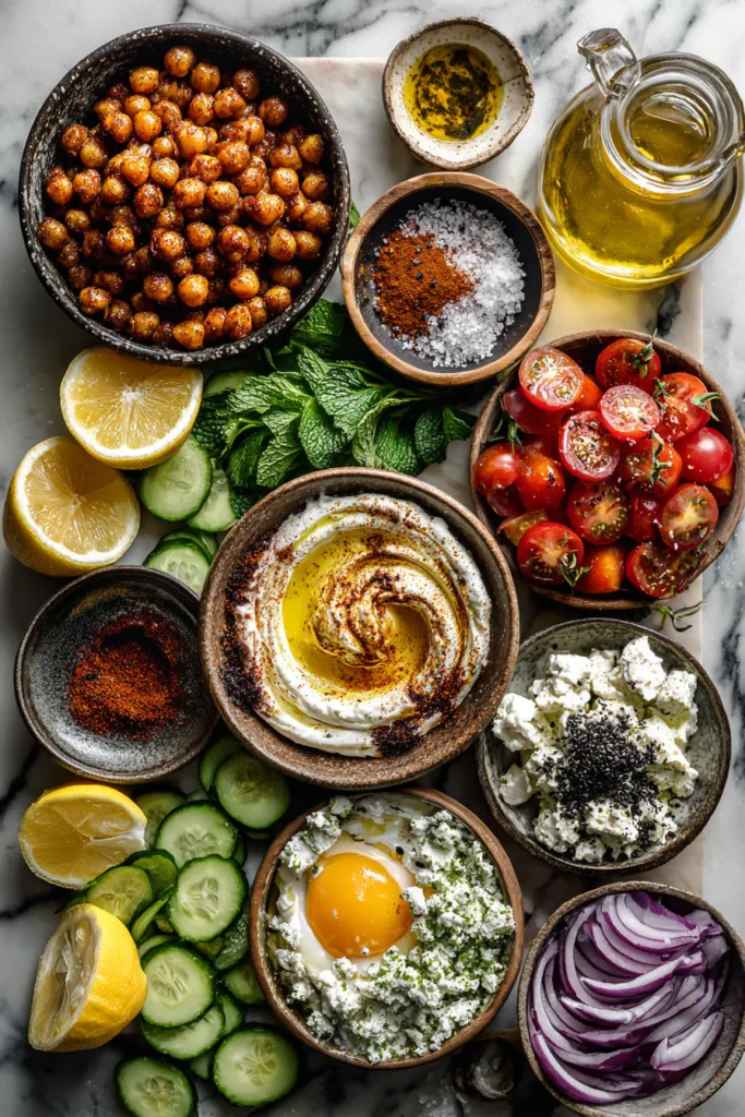 Smashed Crispy Chickpea Bowl with Roasted Sweet Potato, Whipped Feta & Harissa Honey Swirl