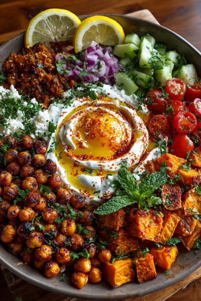 Smashed Crispy Chickpea Bowl with Roasted Sweet Potato, Whipped Feta & Harissa Honey Swirl