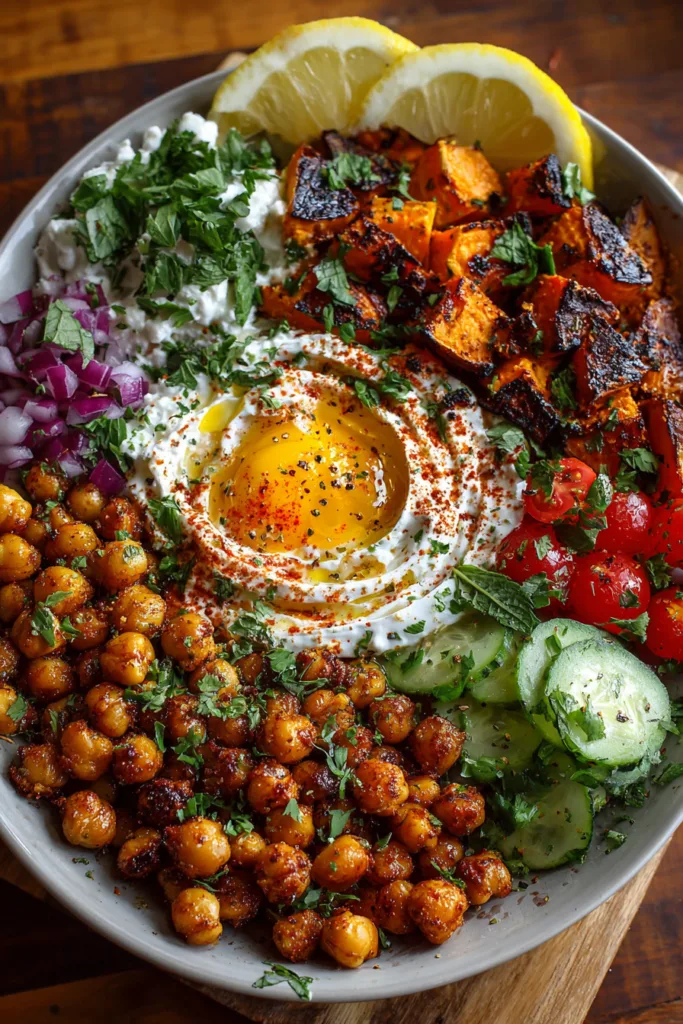 Smashed Crispy Chickpea Bowl with Roasted Sweet Potato, Whipped Feta & Harissa Honey Swirl
