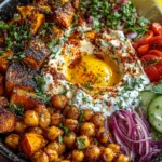 Smashed Crispy Chickpea Bowl with Roasted Sweet Potato, Whipped Feta & Harissa Honey Swirl