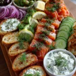 Smoked Salmon & Cream Cheese Mezze Board with Capers and Lemon Dill Sauce