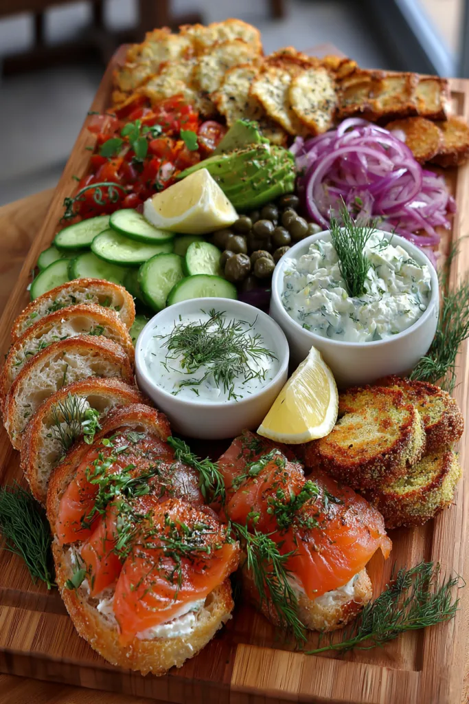 Smoked Salmon & Cream Cheese Mezze Board with Capers and Lemon Dill Sauce