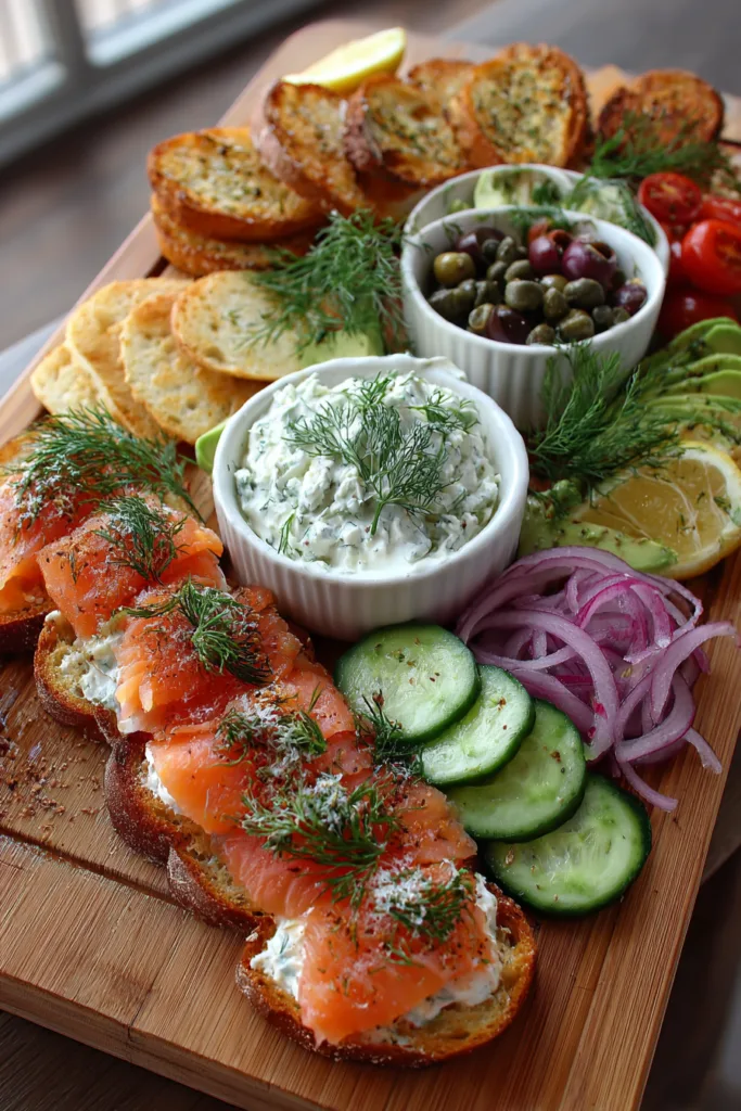 Smoked Salmon & Cream Cheese Mezze Board with Capers and Lemon Dill Sauce
