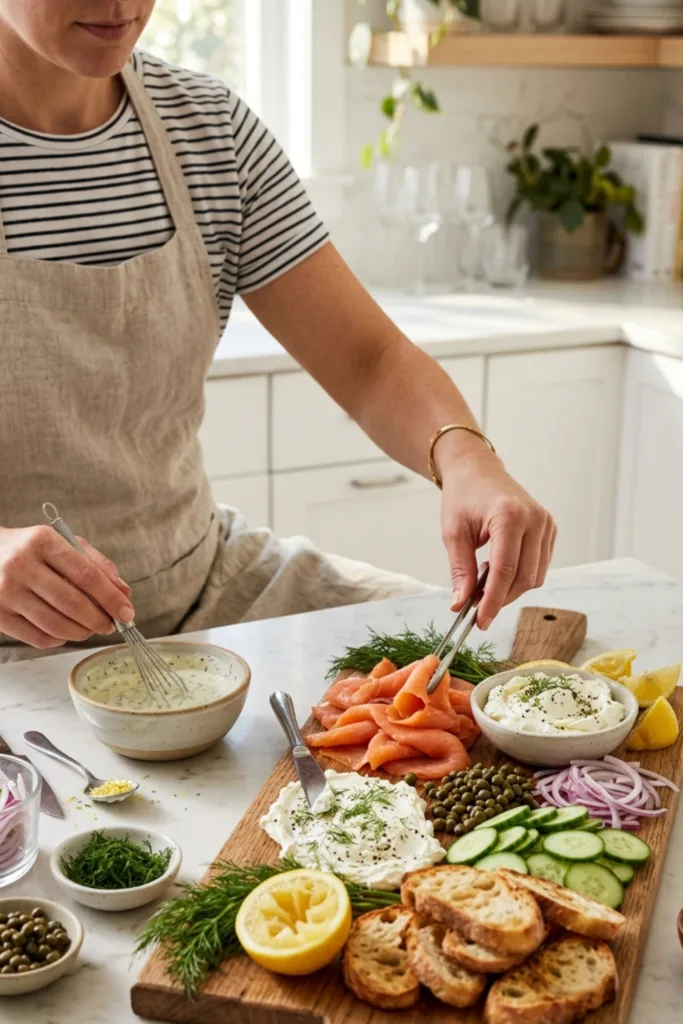 Smoked Salmon & Cream Cheese Mezze Board with Capers and Lemon Dill Sauce