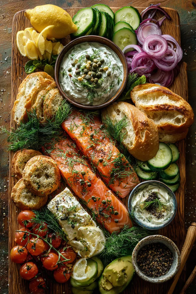 Smoked Salmon & Cream Cheese Mezze Board with Capers and Lemon Dill Sauce