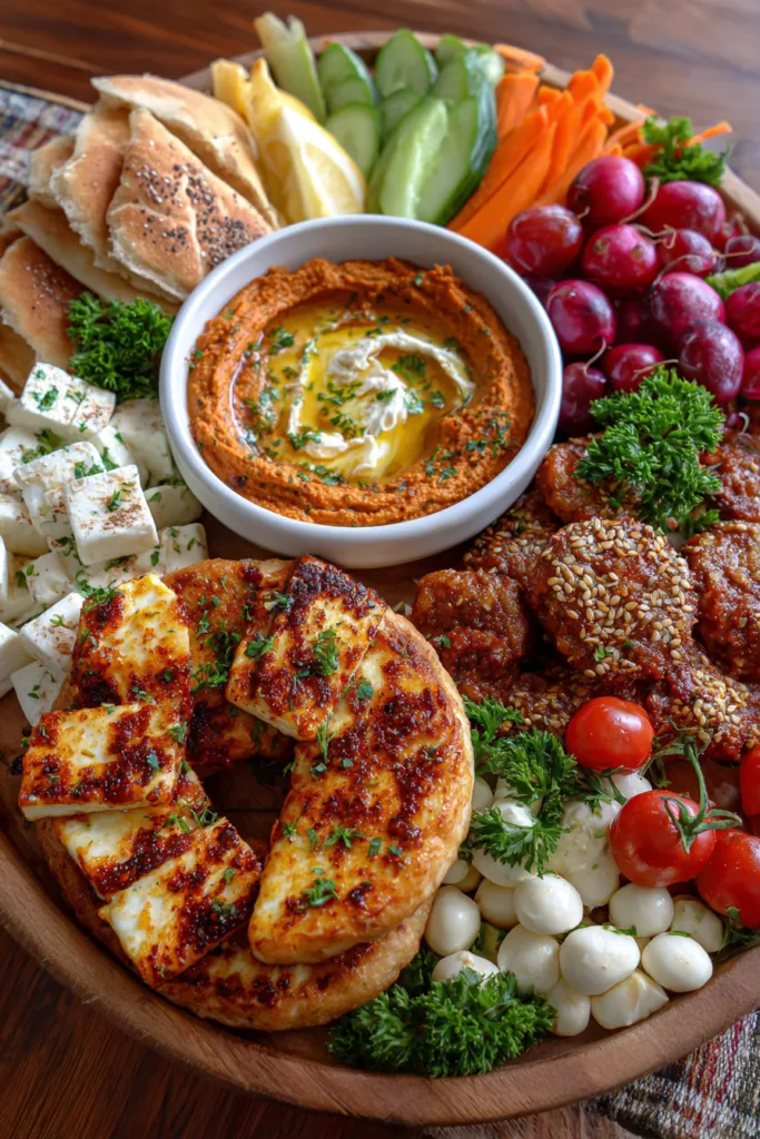 Turkish Mezze Board with Hummus, Muhammara & Warm Flatbread 8 Turkish-Style Mezze Board with Hummus, Muhammara & Warm Flatbread