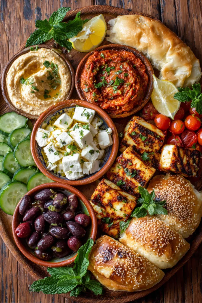 Turkish Mezze Board with Hummus, Muhammara & Warm Flatbread 6 Turkish-Style Mezze Board with Hummus, Muhammara & Warm Flatbread