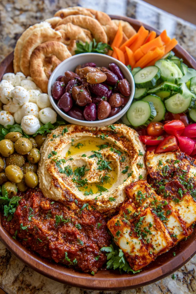 Turkish-Style Mezze Board with Hummus, Muhammara & Warm Flatbread