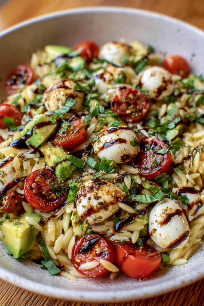 Avocado Caprese Orzo Salad with Balsamic Glaze