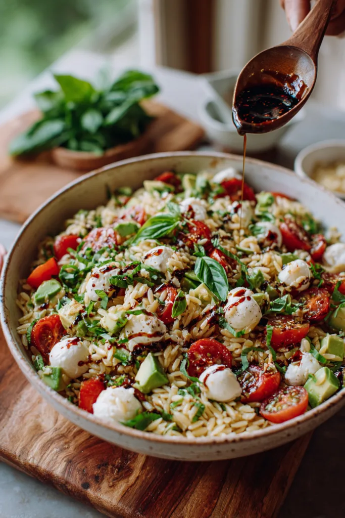 Avocado Caprese Orzo Salad with Balsamic Glaze