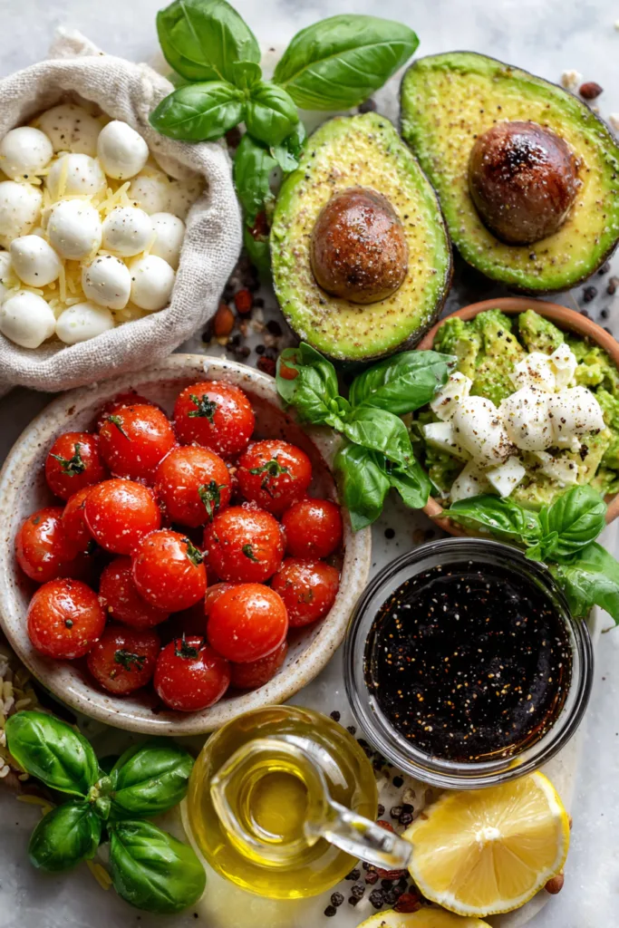 Avocado Caprese Orzo Salad with Balsamic Glaze