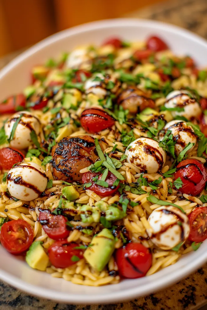 Avocado Caprese Orzo Salad with Balsamic Glaze